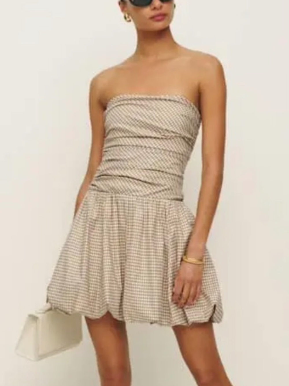 Reformation size 10 Clea mini dress strapless drop waist bubble hem brown gingam